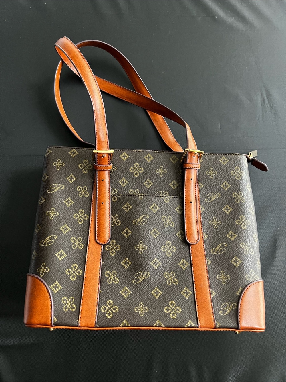 Brown Monogram Tote with Tan Leather-like Straps